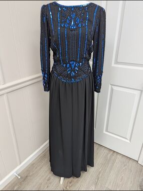 Jack Bryan Vintage Black & Blue Beaded Long Sleeve Evening Dress